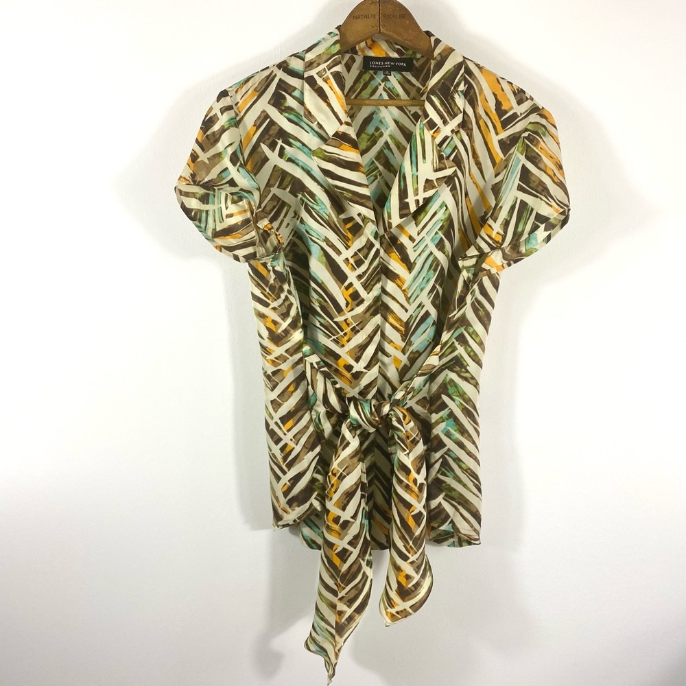 Silk Summer Tie Front Blouse Cap Sleeve Abstract Print Aqua Orange Brown…